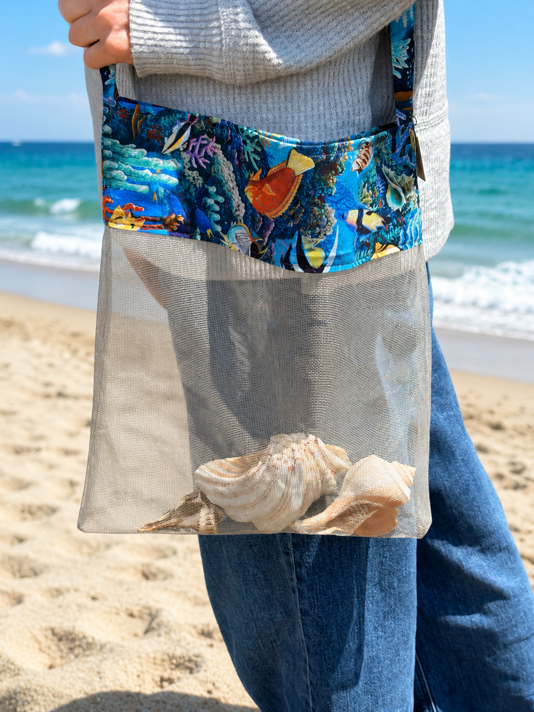 Handcrafted beachcomber shell collection bag, Jersey Shore beach accessory