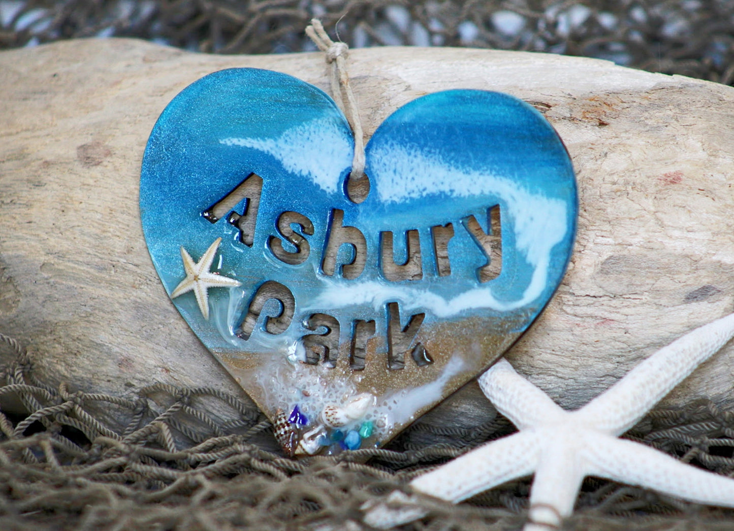 Handcrafted wood and resin hanging heart, Jersey Shore keepsake gift