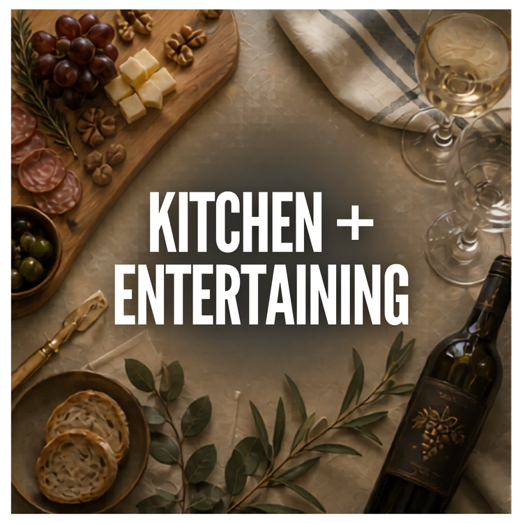 Kitchen and entertaining collection featuring charcuterie boards, glassware, serving pieces, and coastal hosting decor.
