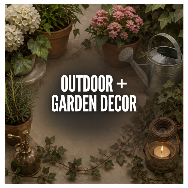 Outdoor and garden decor collection with lanterns, planters, porch decor, and coastal patio styling accents.