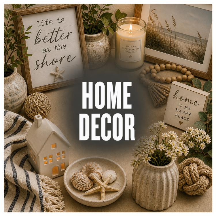 Coastal home decor collection featuring candles, decorative accents, beach-inspired signs, and cozy boutique styling pieces.