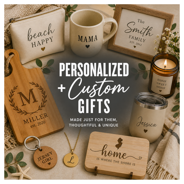 Personalized and custom gift collection with engraved keepsakes, monogrammed decor, custom mugs, and Jersey Shore-inspired gifts.