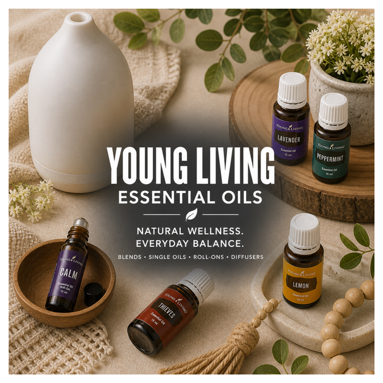 Young Living essential oils collection featuring wellness blends, diffusers, roll-ons, and natural lifestyle products arranged in a cozy coastal-inspired flat lay.