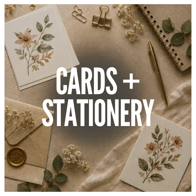 Cards and stationery collection featuring greeting cards, journals, notebooks, planners, and boutique paper goods.