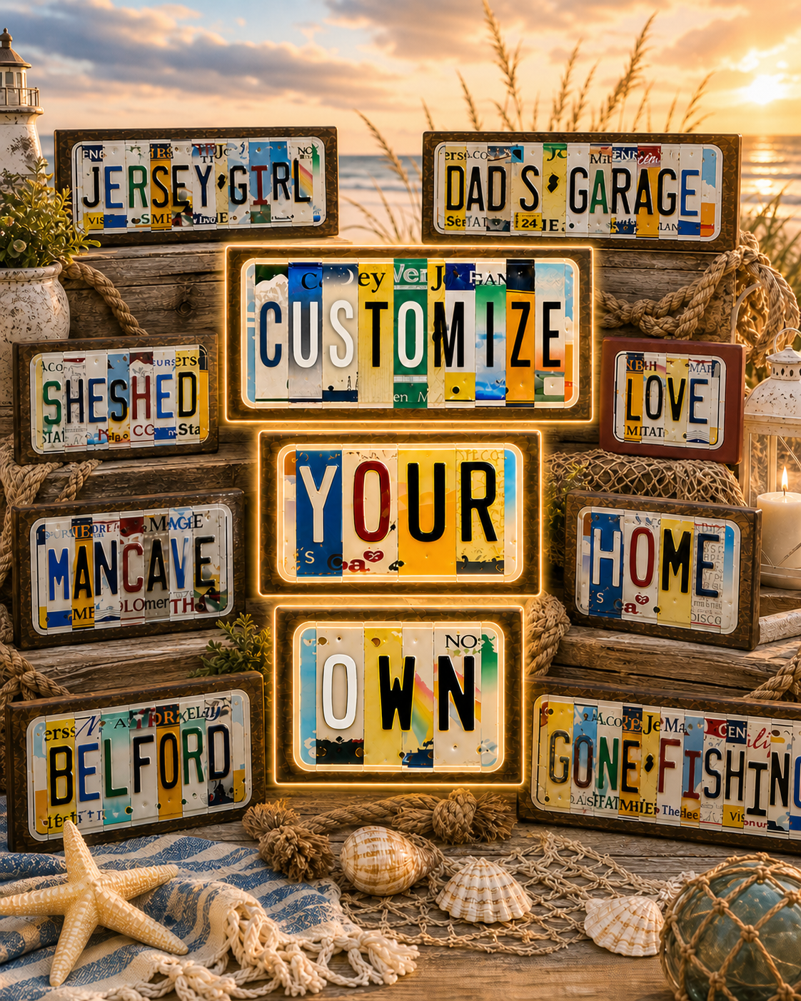 Custom Jersey Shore license plate wall art display featuring “Customize Your Own” personalized signs alongside beach-inspired plaques like Jersey Girl, Dad’s Garage, and Gone Fishing against a coastal sunset backdrop.