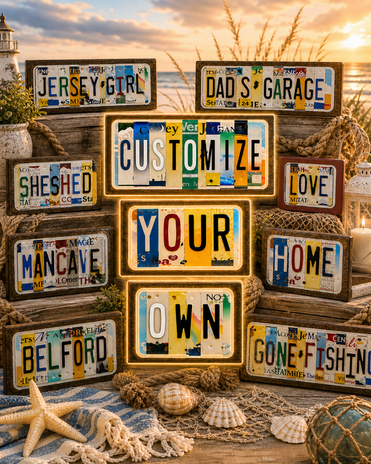 Custom Jersey Shore license plate wall art display featuring “Customize Your Own” personalized signs alongside beach-inspired plaques like Jersey Girl, Dad’s Garage, and Gone Fishing against a coastal sunset backdrop.