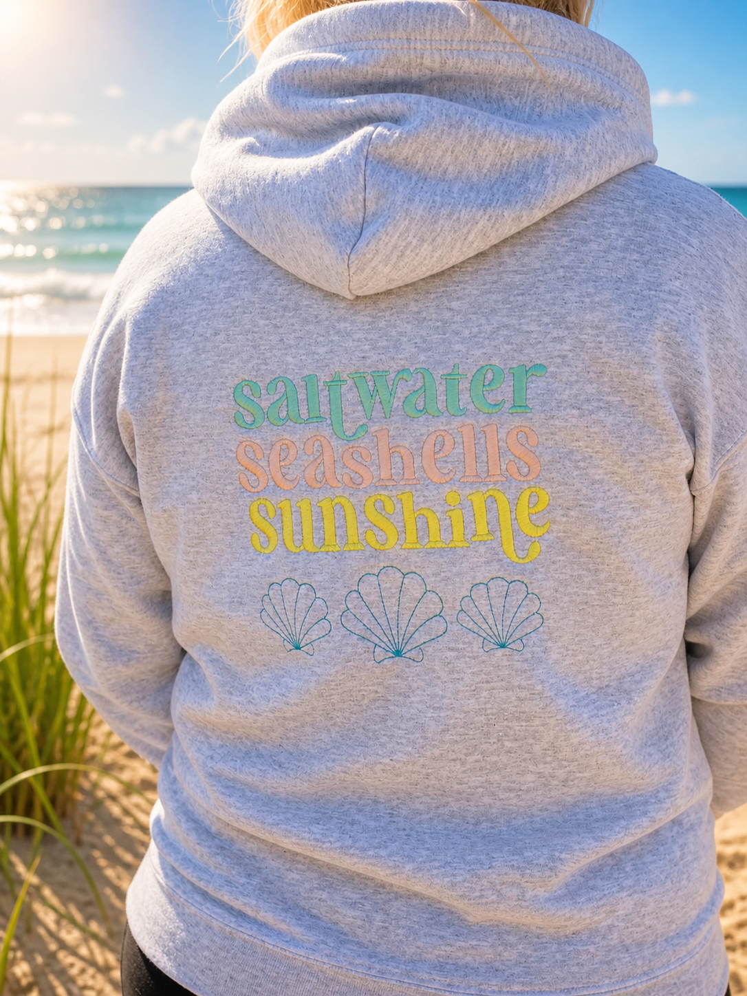Embroidered Jersey Shore beach sweatshirt, coastal apparel