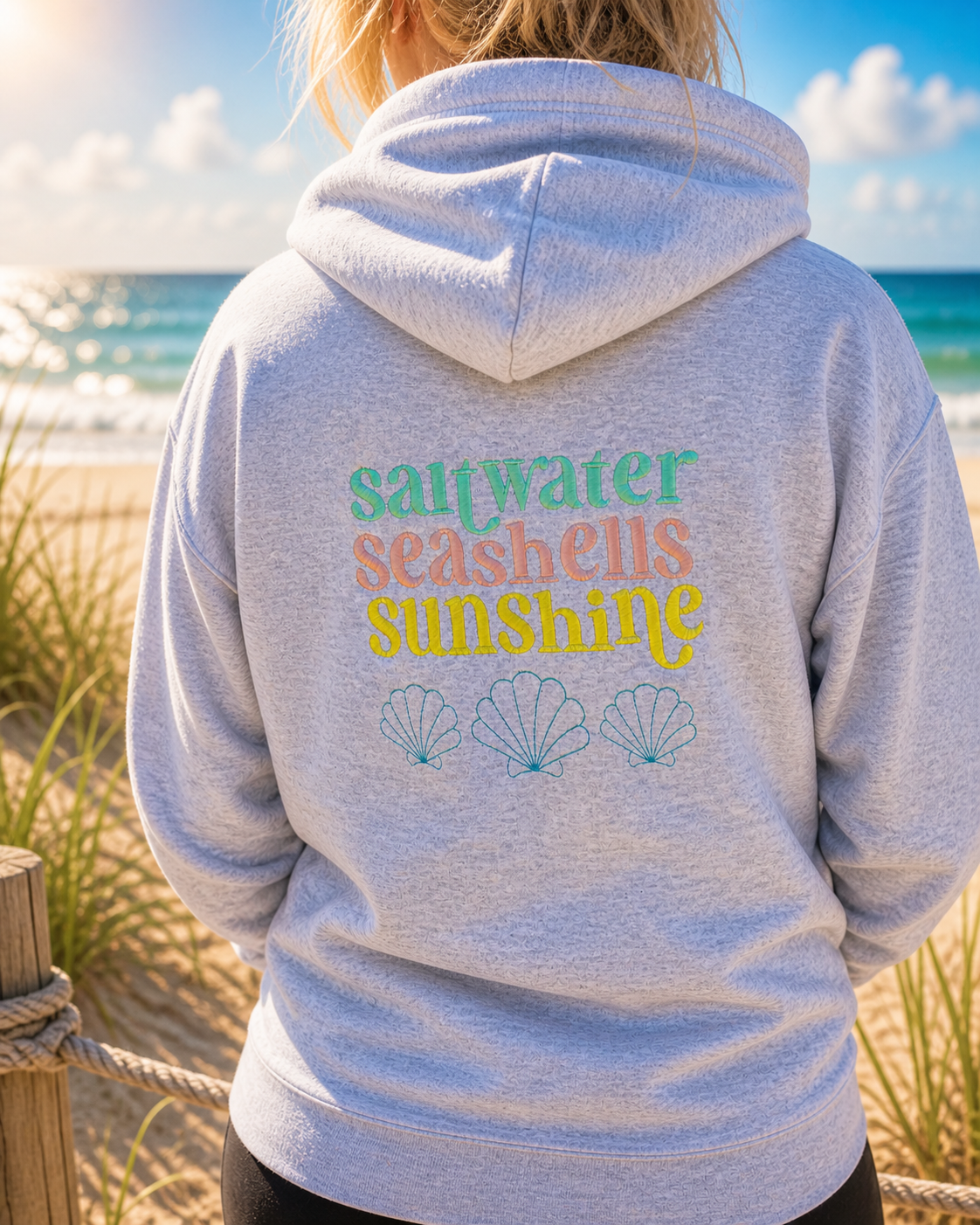 Embroidered Jersey Shore beach sweatshirt, coastal apparel