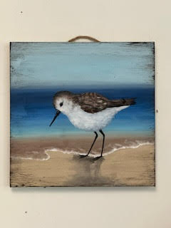 Hand-painted sandpiper artwork on driftwood, Jersey Shore coastal wall decor