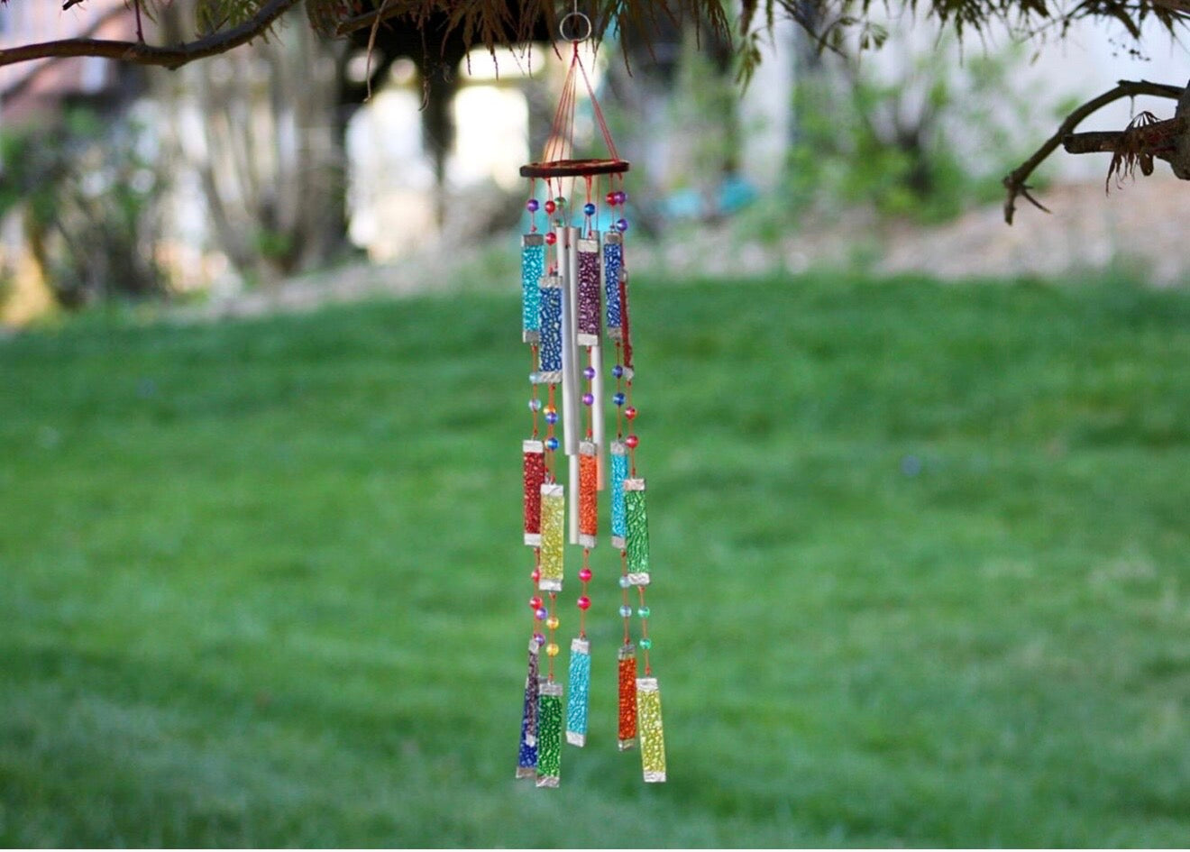 Multi-color glass wind chime, coastal garden decor