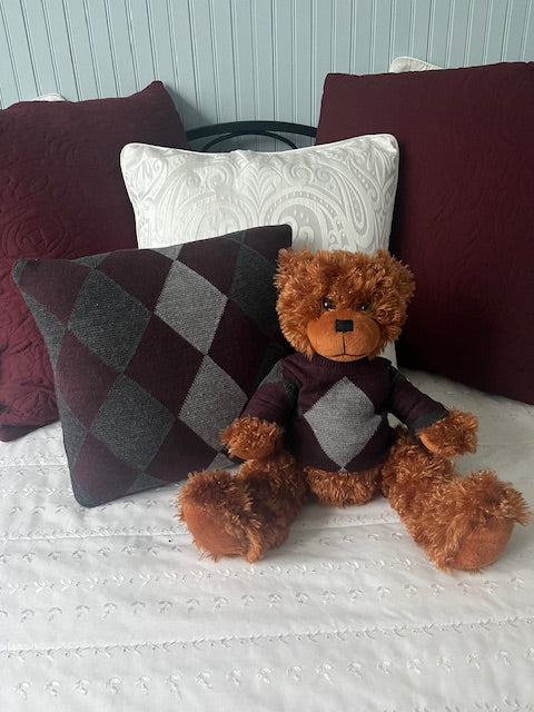 Remembrance bear and pillow keepsake set made from a loved one's clothing, sympathy gift