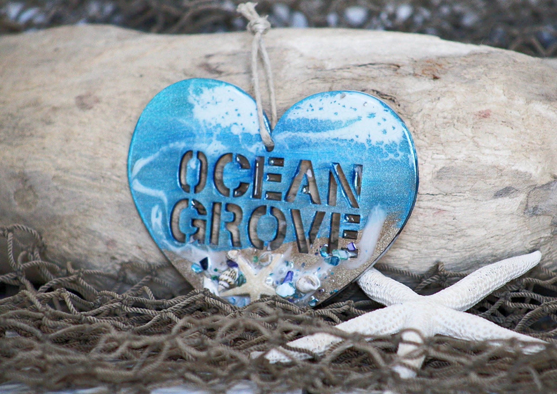 Handcrafted wood and resin hanging heart, Jersey Shore keepsake gift