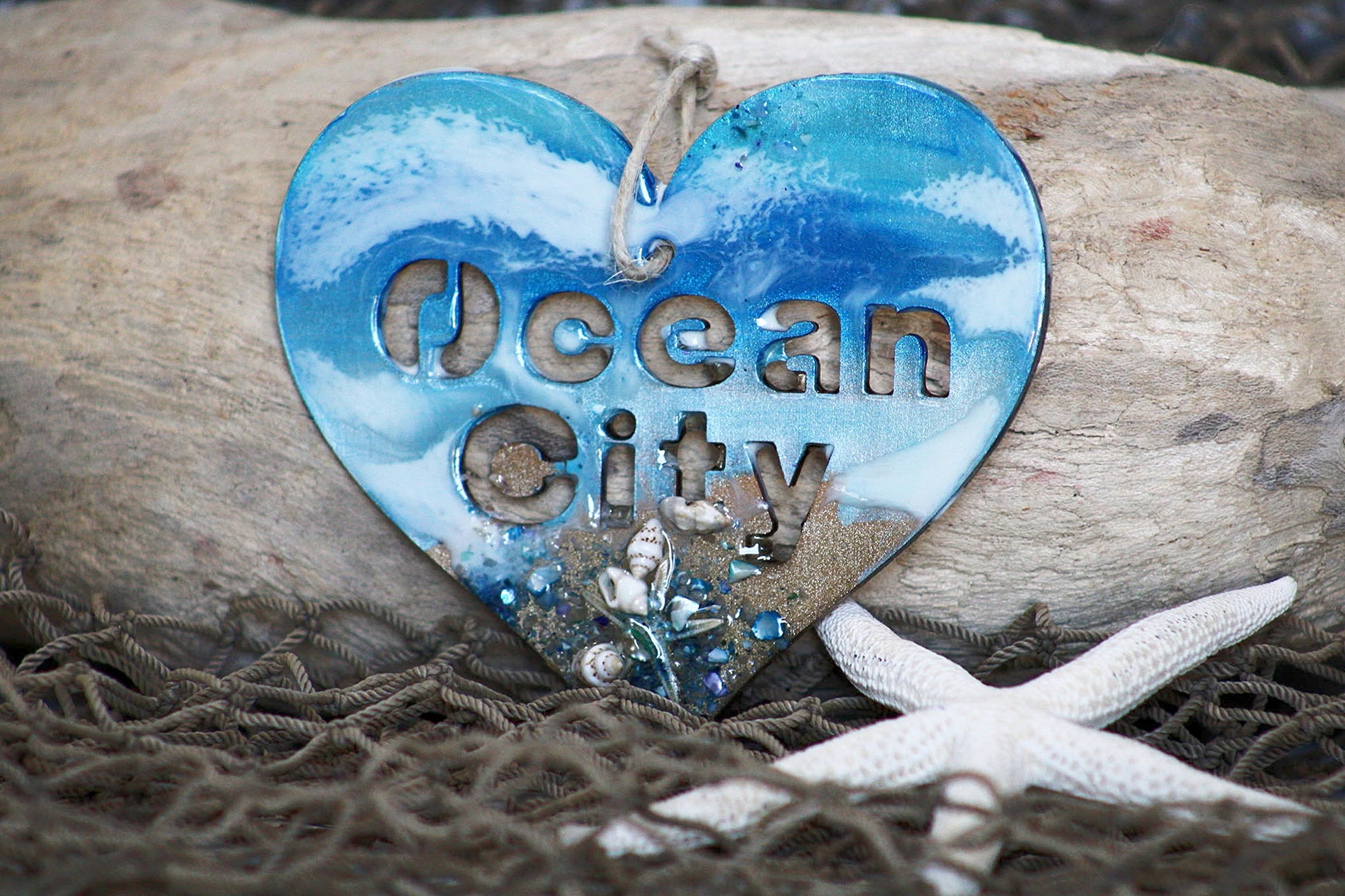Handcrafted wood and resin hanging heart, Jersey Shore keepsake gift