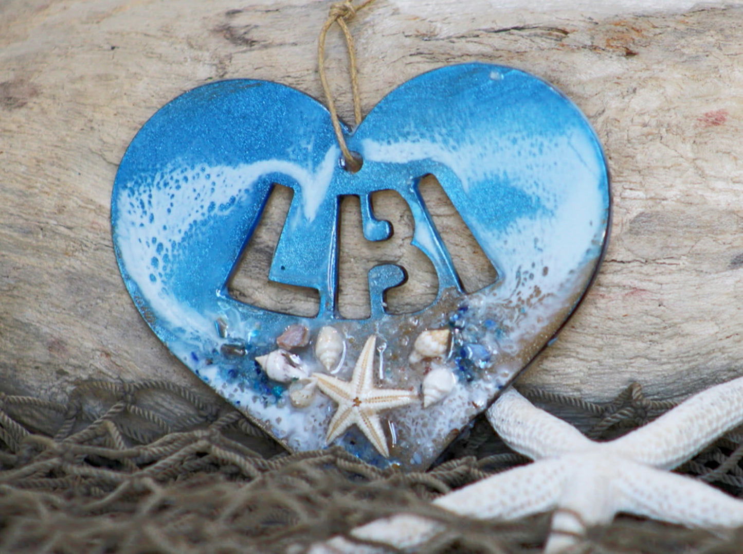 Handcrafted wood and resin hanging heart, Jersey Shore keepsake gift