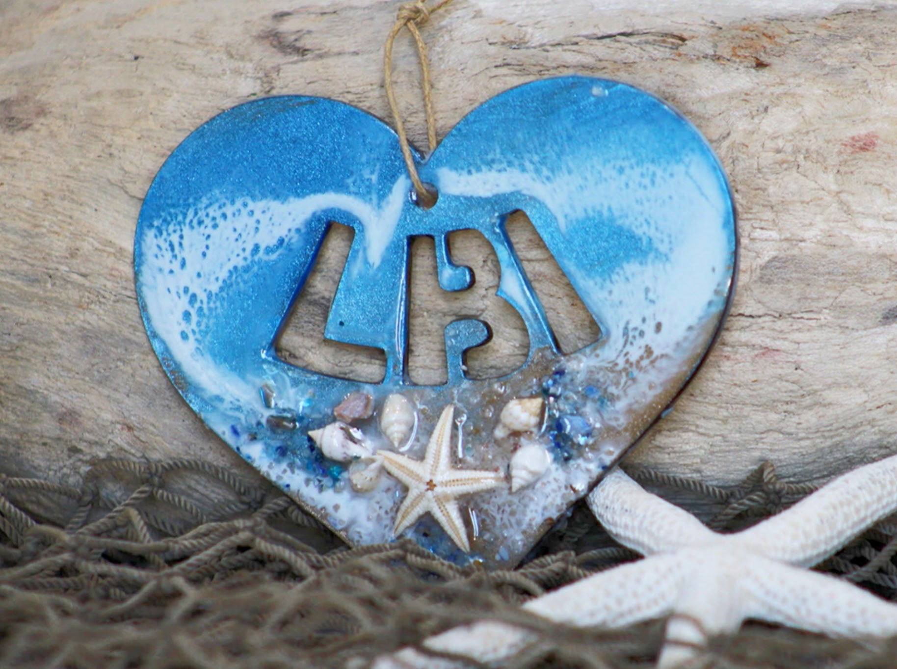 Handcrafted wood and resin hanging heart, Jersey Shore keepsake gift