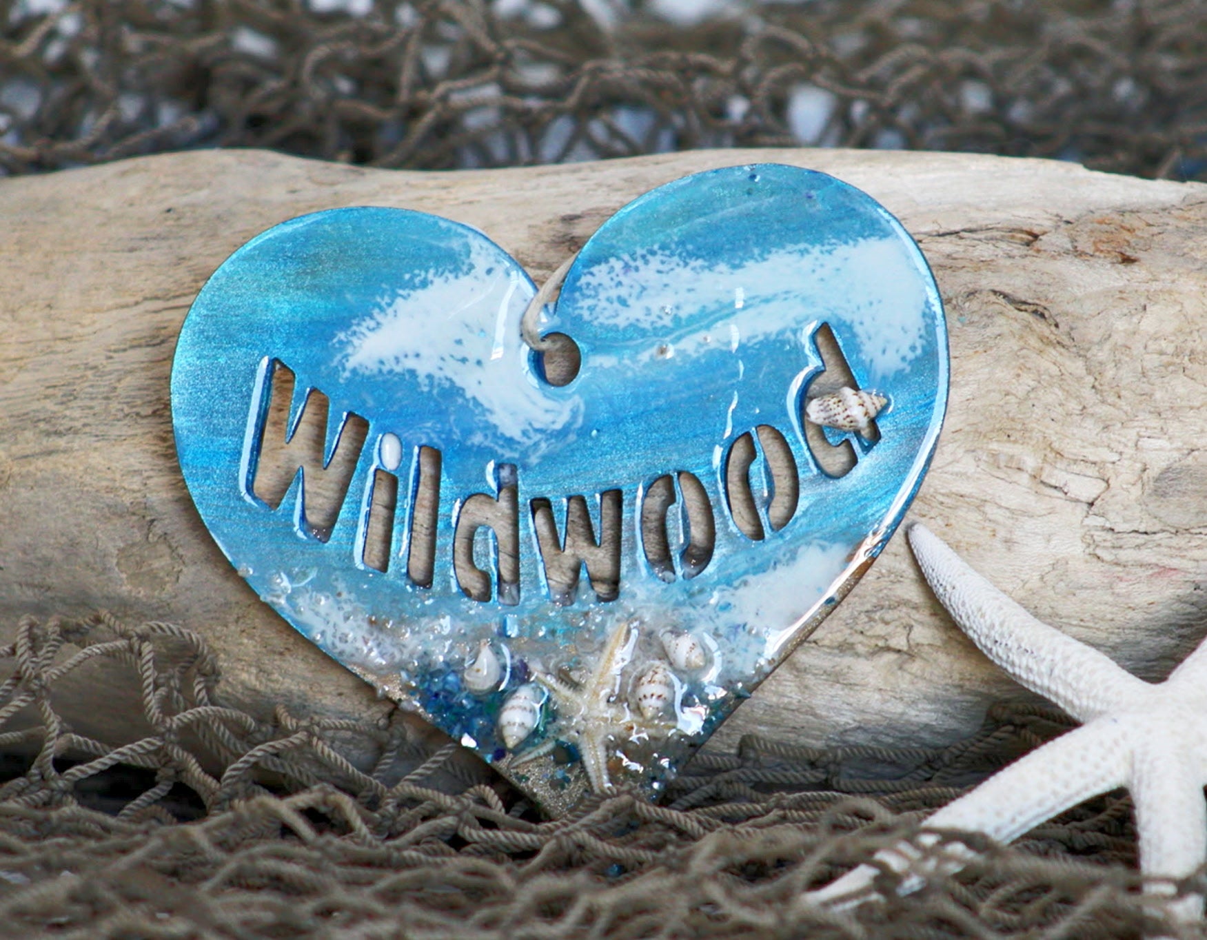 Handcrafted wood and resin hanging heart, Jersey Shore keepsake gift