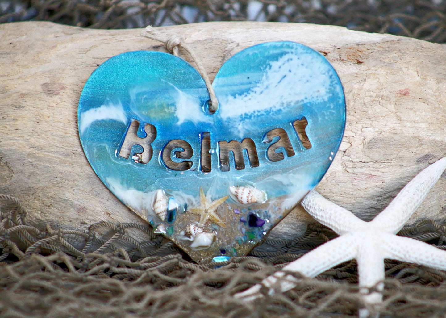 Handcrafted wood and resin hanging heart, Jersey Shore keepsake gift