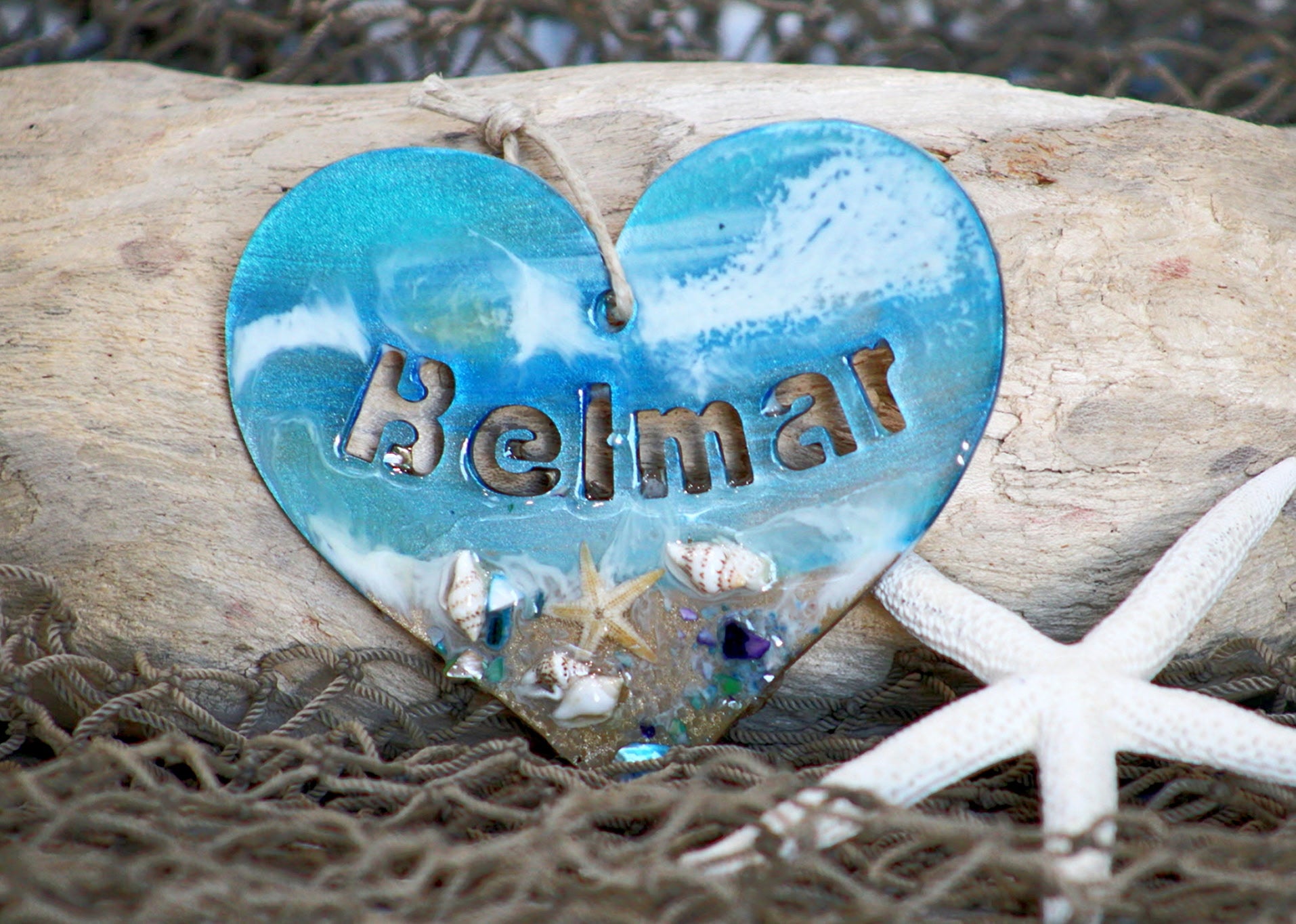 Handcrafted wood and resin hanging heart, Jersey Shore keepsake gift