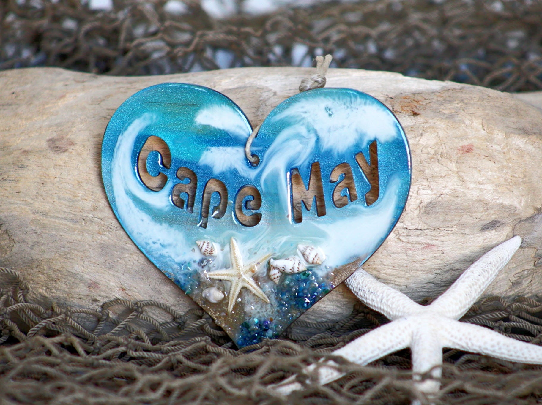 Handcrafted wood and resin hanging heart, Jersey Shore keepsake gift