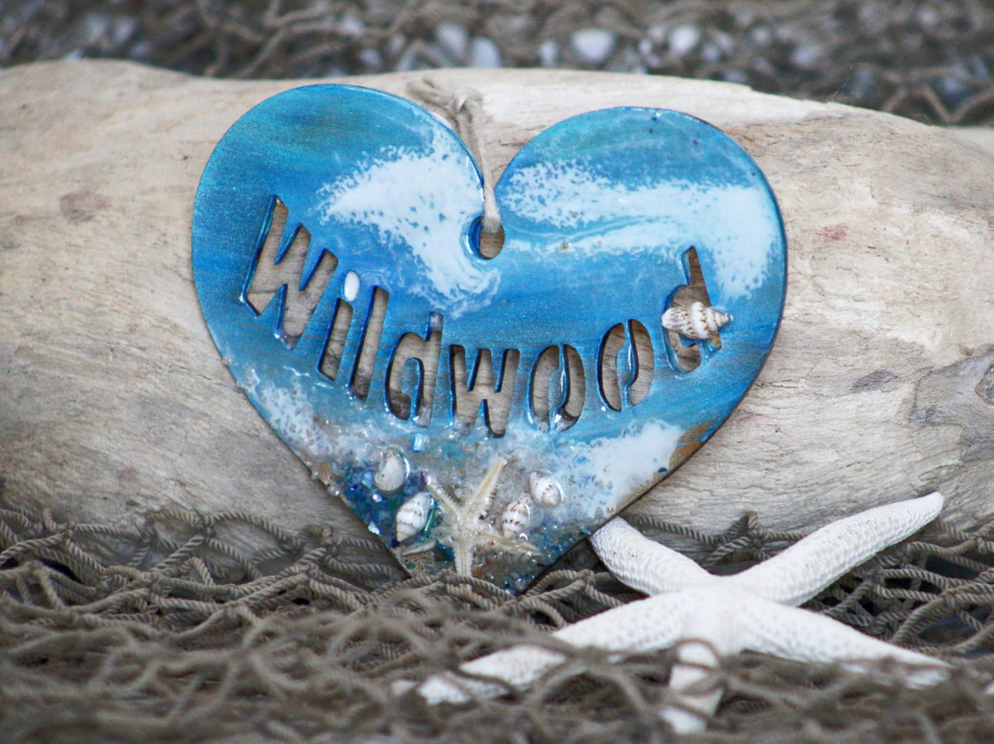 Handcrafted wood and resin hanging heart, Jersey Shore keepsake gift