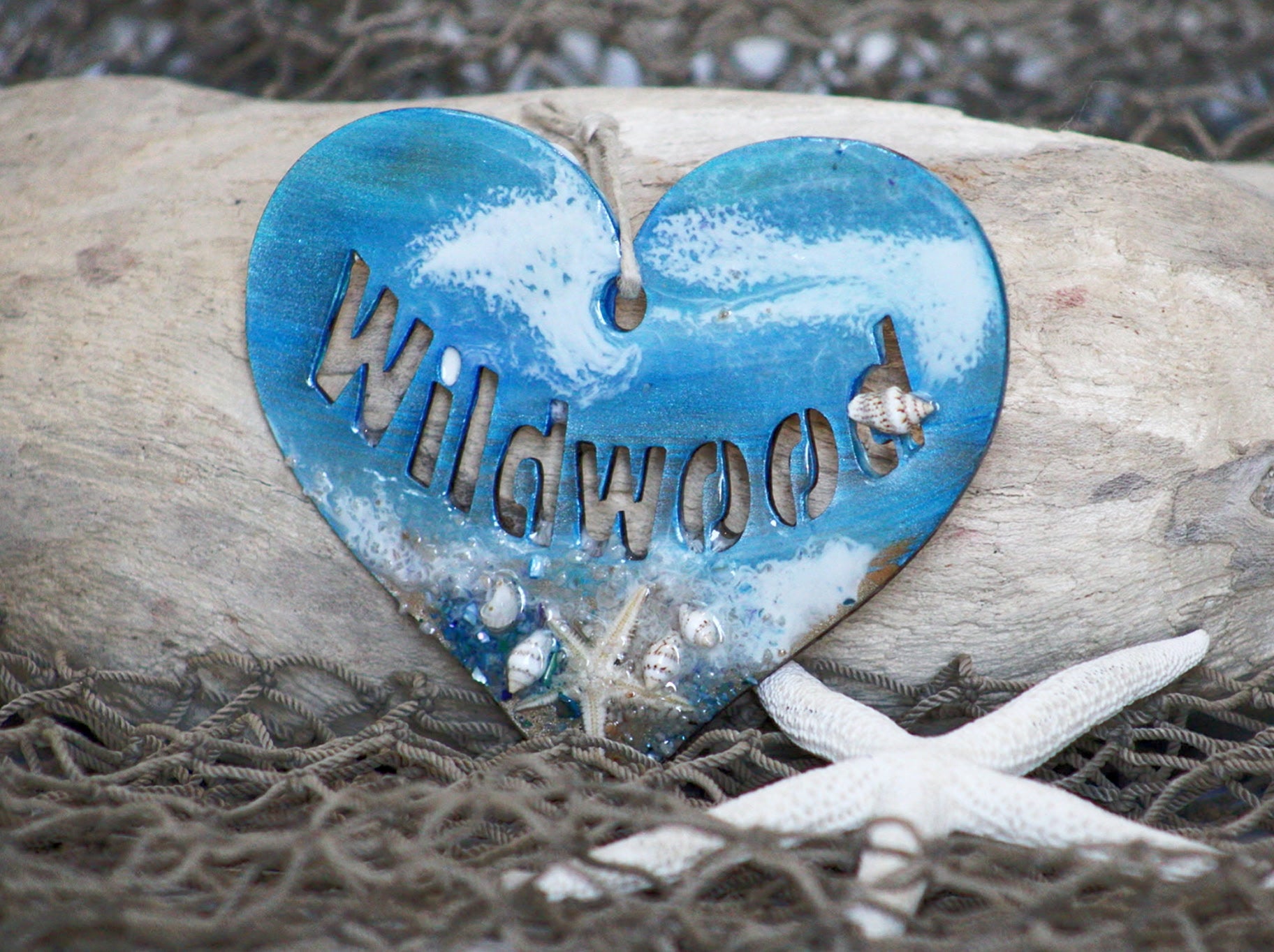 Handcrafted wood and resin hanging heart, Jersey Shore keepsake gift